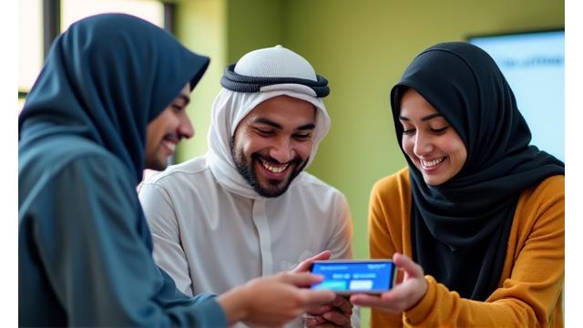 شابين وفتاة يبتسمون ويتعلمون استخدام تطبيق دفع على هاتف ذكي في بيئة صفية، مع مدرس يرشدهم.