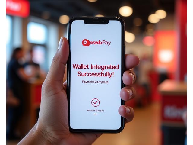 Smartphone displaying digital wallet integration success screen with Ooredoo Pay branding