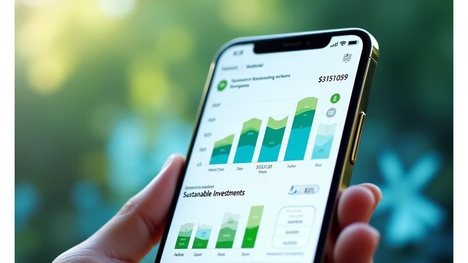 واجهة تطبيق محمول أنيقة تعرض خيارات الاستثمار المستدام (ESG)، مع رسوم بيانية توضح نمو الاستثمار والتأثير البيئي. تظهر الواجهة بوضوح خيارات اختيار الصندوق الأخضر ومقاييس الأداء ذات الصلة.