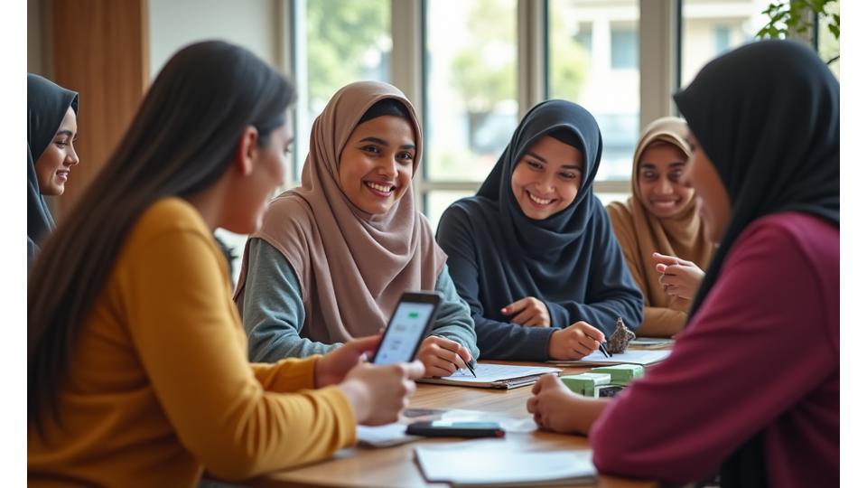 شباب كويتيون متفاعلون في ورشة عمل تبدو كمركز مجتمعي فعال، مع وجود أجهزة محمولة تظهر أنشطة الدفع الخيري أو التمويل الأصغر. تعكس الصورة الشمول المالي والتمكين.