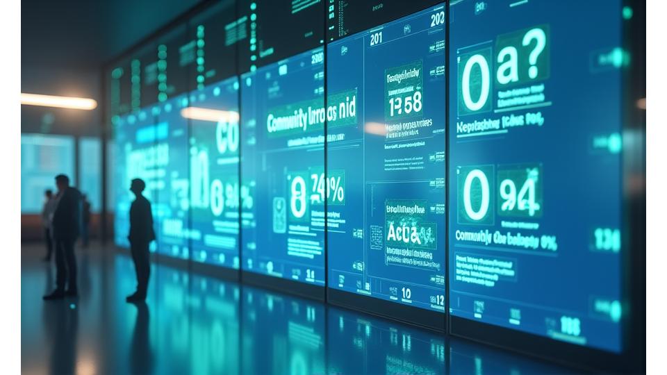 لوحة معلومات بيانية واضحة على شاشة رقمية كبيرة، تعرض مقاييس التأثير البيئي والاجتماعي، مثل أطنان ثاني أكسيد الكربون التي تم توفيرها والأموال المخصصة للمبادرات الاجتماعية، مع إبراز الشفافية والمساءلة.