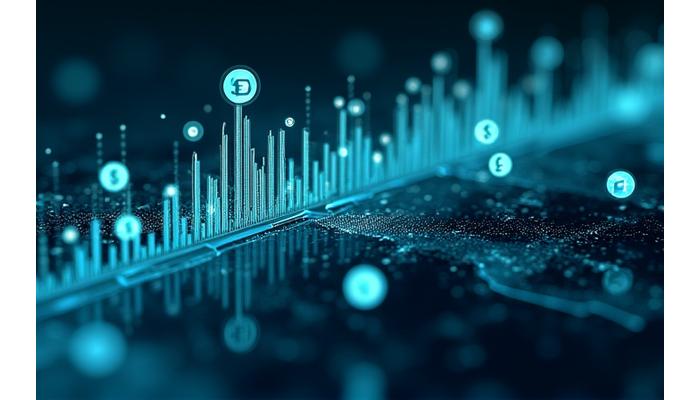 تمثيل بصري لتكنولوجيا تحويل العملات في الوقت الفعلي، مع رسوم بيانية تصاعدية وأرقام تتحرك بسرعة على شاشات رقمية، تعكس الكفاءة والدقة.