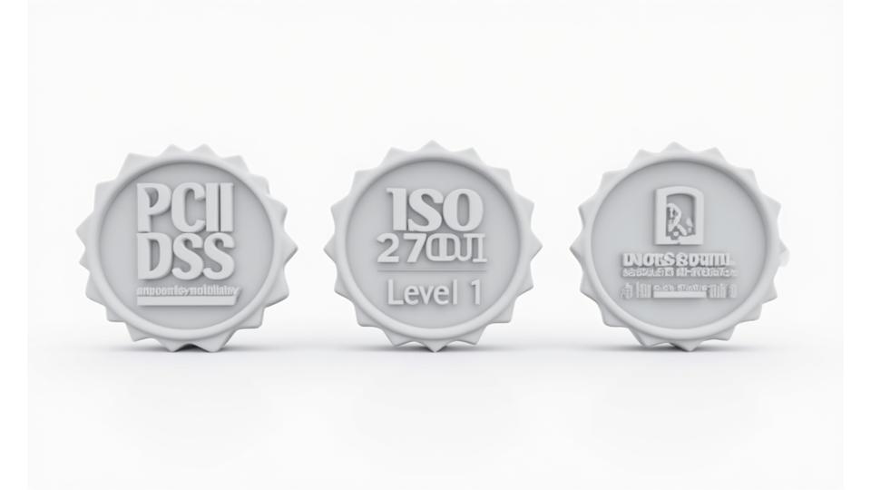 مجموعة من شارات الامتثال والشهادات العالمية، بما في ذلك PCI DSS و ISO 27001 وشعار البنك المركزي الكويتي
