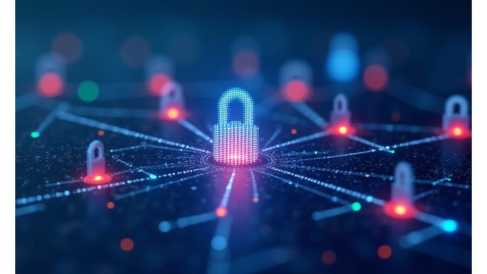 تصور لتدفق البيانات مع أيقونات تشفير وخوادم آمنة وحماية رمزية