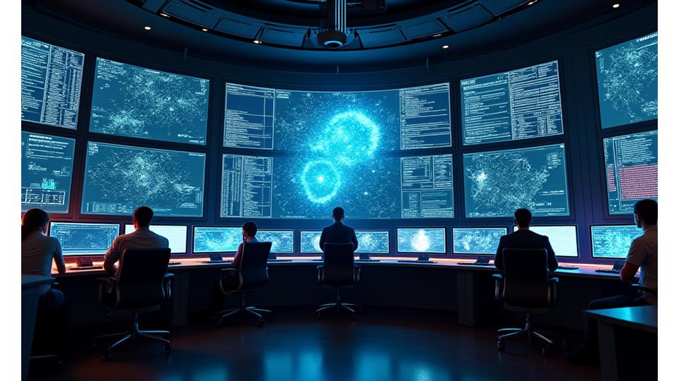 مركز عمليات أمنية حديث بشاشات متعددة تعرض بيانات مراقبة في الوقت الحقيقي وخبراء أمن يعملون