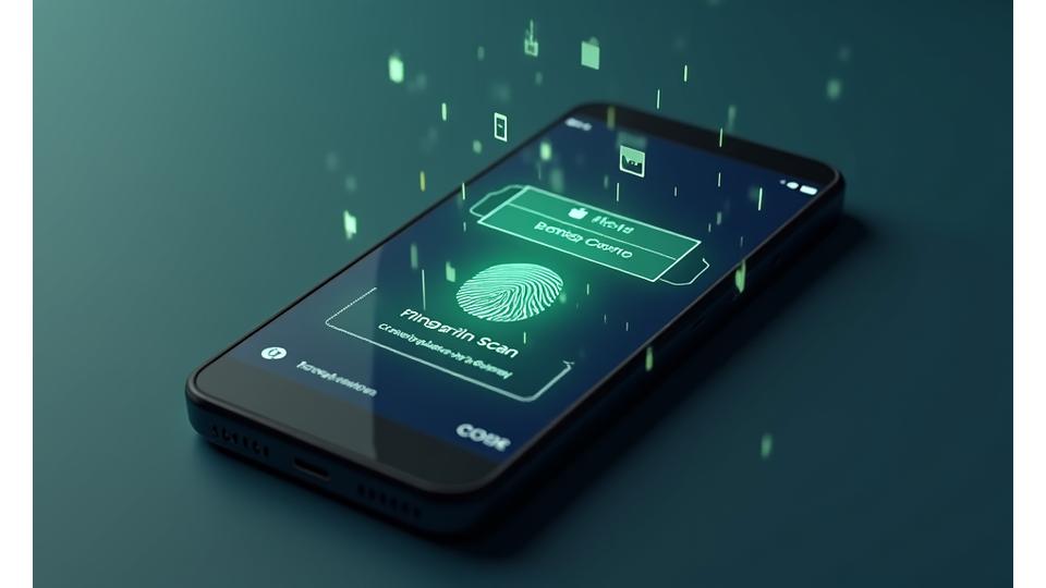 شاشة تعرض بصمة إصبع، وجه بشري، وتطبيق جوال يطلب رمز تحقق للمصادقة متعددة العوامل