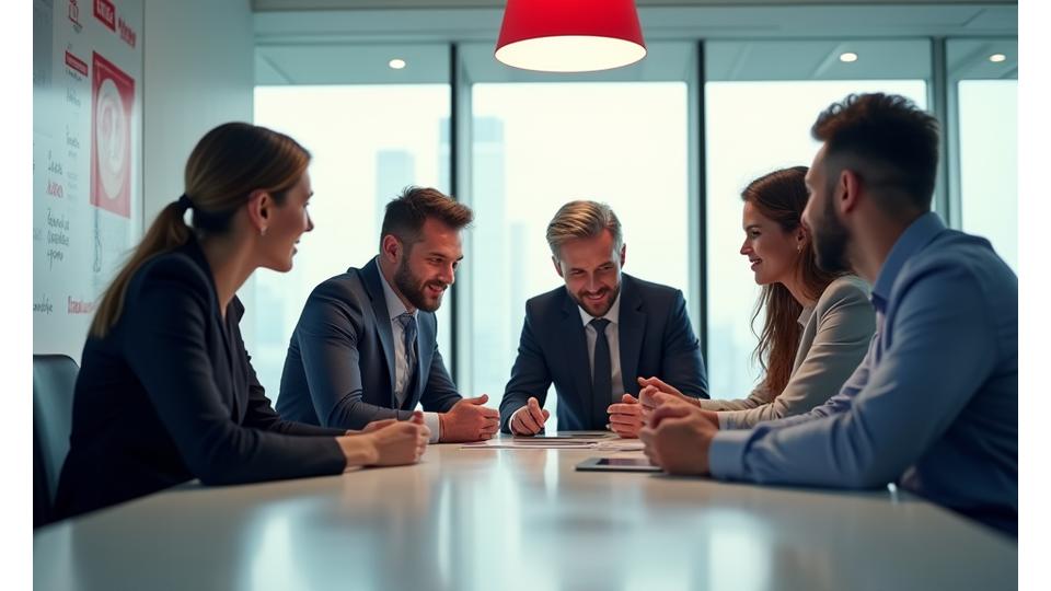 صورة لرجال أعمال يتعاونون مع مستشارين في بيئة مكتبية، يمثلون الدعم المستهدف للعملاء من الشركات.
