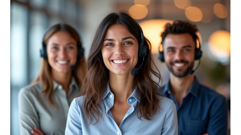 فريق دعم عملاء متعدد اللغات يبتسمون وهم يرتدون سماعات الرأس، يمثلون التنوع الثقافي في الكويت، مع أيقونات لغوية واضحة مثل العربية والإنجليزية والهندية.