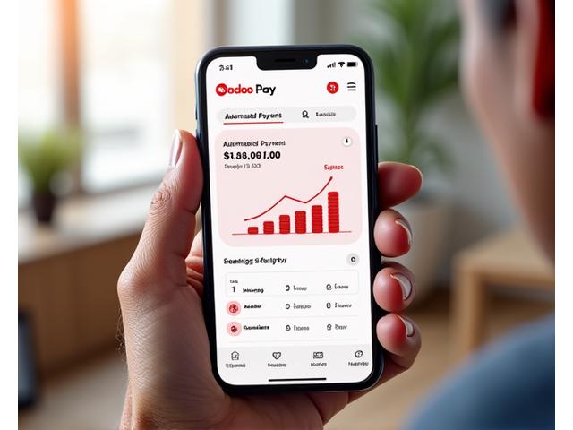 شاشة تعرض واجهة تطبيق Ooredoo Pay مع تمثيل بياني للوقت والمال الموفرين من خلال الدفع التلقائي للفواتير.