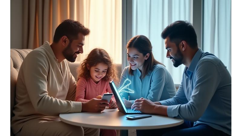 شخصيات رسوم متحركة تمثل عائلة صغيرة تتفاعل مع شاشة جهاز لوحي يظهر تطبيق Ooredoo Pay، وفي الخلفية مبنى تجاري حديث يرمز لحلول الأعمال.