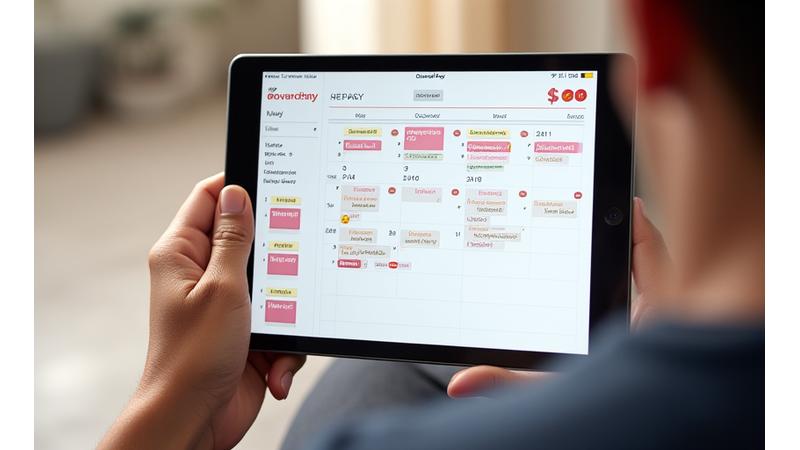 تمثيل مرئي لتقويم تفاعلي داخل تطبيق Ooredoo Pay يظهر تواريخ الفواتير المجدولة وخيارات التعديل لأجل المستخدم.
