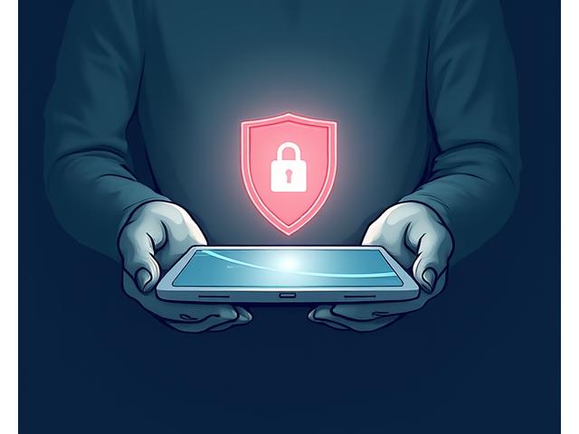 درع رقمي محاط بأيدي تحمي الجهاز اللوحي، يرمز إلى مسؤولية المستخدم عن الأمان.