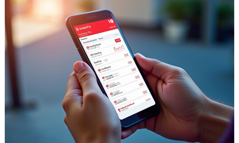 شخص يستخدم تطبيق Ooredoo Pay على هاتف ذكي، يعرض شاشة سجل المعاملات، مع خلفية تجمع بين عناصر الرسوم البيانية المالية والأمن الرقمي