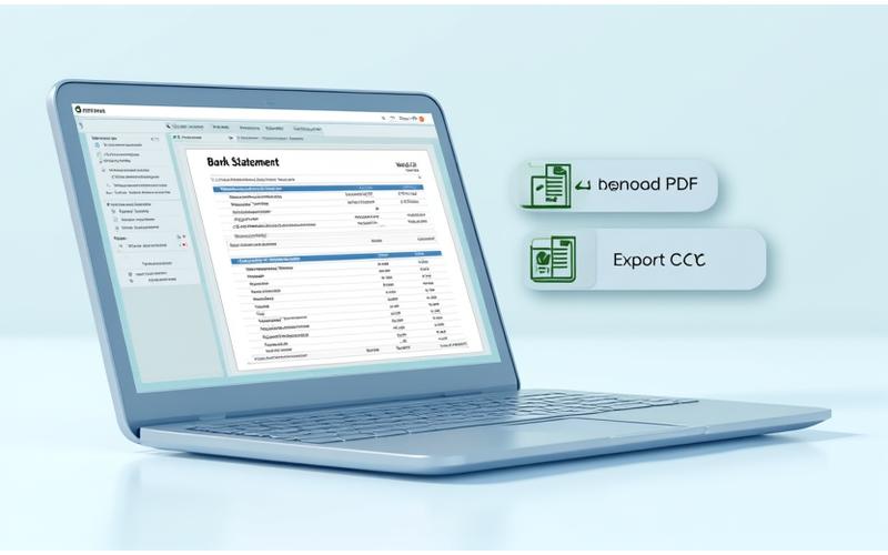 لابتوب يعرض نموذج لكشف حساب مصرفي بصيغة PDF مع أيقونات تمثل خيارات التصدير المختلفة مثل CSV و Excel و PDF