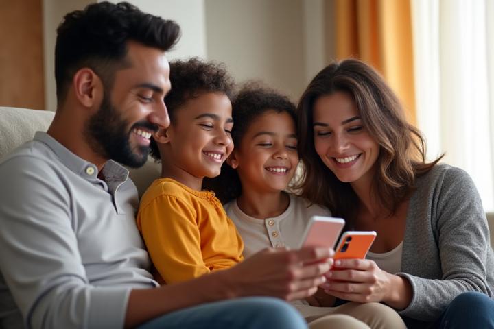 عائلة كويتية سعيدة تستخدم هاتف ذكي للدفع الرقمي، تعبر عن الشمول المالي.