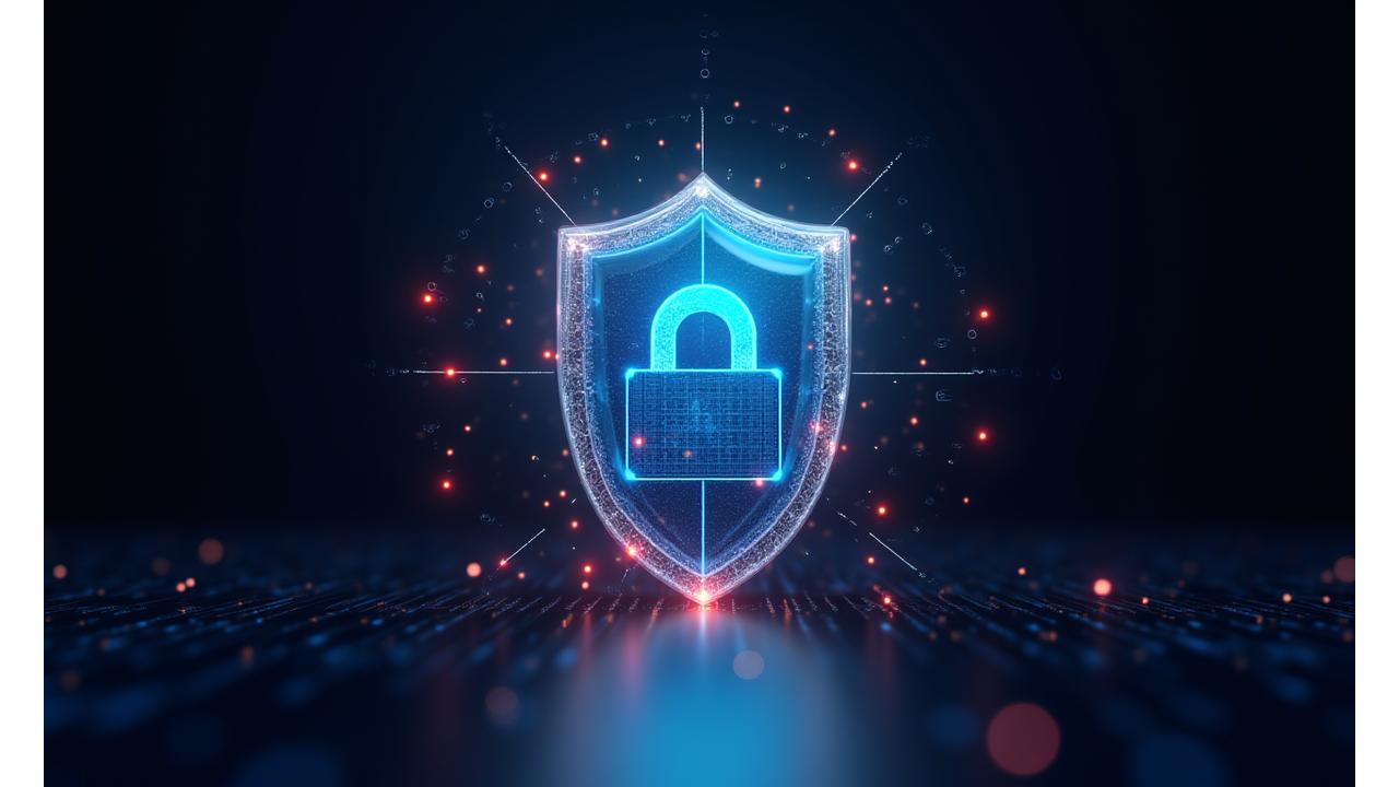 أيقونة درع رقمي عملاق يمثل الأمان مع شبكة من البيانات المحمية.
